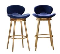 Juego de 2 taburetes de bar modernos de terciopelo con altura de mostrador con respaldo medio, silla de bar tapizada con base de metal, taburete de isla de cocina (patas azules y doradas de 75 cm de
