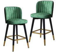 Juego de 2 taburetes de bar modernos de terciopelo con patas negras y reposapiés cromado dorado, perfecto para cocina o recepción, altura del asiento de 65 cm.