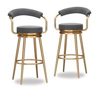 Juego de 2 taburetes de bar modernos de terciopelo de mediados de siglo, tapizados en gris con respaldo abierto, patas de metal dorado, ideales para isla de cocina, altura del asiento de 75 cm
