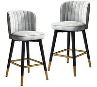 Juego de 2 taburetes de bar modernos de terciopelo, sillas giratorias altas grises con patas negras y reposapiés cromado dorado para encimera de cocina o recepción (altura: 75 cm)