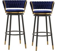 Juego de 2 taburetes giratorios de terciopelo azul de lujo con respaldo tejido curvado y reposapiés con patas de metal negro para el hogar, bar, isla de cocina, taburetes de mostrador de 75 cm
