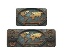 Juego de 2 tapetes de cocina acolchados con diseño de mapa central mecánico, cómodos tapetes de pie para la decoración del hogar, tapetes de cocina para suelo, antideslizantes, lavables, para