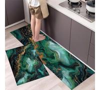 Juego de 2 Tapetes de Cocina Antideslizantes Alfombras de Cocina Arte Fluido Lujo Lavables Almohadilla Pasillo Textura Malaquita para Zona del Fregadero y Placa de Cocción, 43x75cm+43x150cm Esmeralda