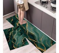 Juego de 2 Tapetes de Cocina Antideslizantes Alfombras de Cocina Estética Lujo Lavables Almohadilla Pasillo Textura Malaquita para Zona del Fregadero y Placa de Cocción, 40x60cm+40x120cm Esmeralda