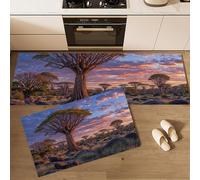 Juego de 2 Tapetes de Cocina Antideslizantes, Alfombras de Cocina Paisaje Natural Almohadilla Pasillo Árbol Sangre Dragón Desierto Africano para Fregadero y Placa de Cocción, 43x75cm+43x150cm, Marrón