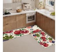 Juego de 2 Tapetes de Cocina Antideslizantes, Alfombras de Cocina Plantas Fruta Fresca Lavables Almohadilla Pasillo Higo Granada para Zona del Fregadero y Placa de Cocción, 40x60cm+40x120cm, Rojo