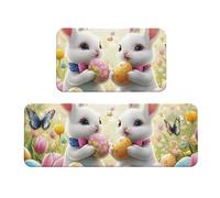 Juego de 2 tapetes de cocina antideslizantes de madera con diseño de conejos y mariposas, huevos de colores, antifatiga, alfombras largas para el hogar y la oficina