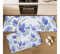 Juego de 2 Tapetes de Cocina Antifatiga Campos Flores Provenza Alfombra de Cocina de Antideslizante Lavable Flores Lavanda para Entrada, Comedor y Escritorio de Pie, 43x75cm+43x150cm, Azul-Púrpura