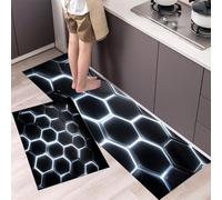 Juego de 2 Tapetes de Cocina Antifatiga Futurista Alfombra de Cocina de Antideslizante Lavable Hexágono Tecnológico para Entrada, Comedor y Escritorio de Pie, 43x75cm+43x150cm, En Blanco Y Negro