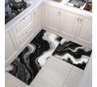 Juego de 2 Tapetes de Cocina Antifatiga Líquido Que Fluye Alfombra de Cocina de Antideslizante Lavable Vórtice De Mármol para Entrada, Comedor y Escritorio de Pie, 50x80cm+50x150cm, En Blanco Y Negro