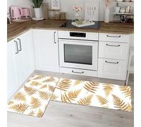 Juego de 2 Tapetes de Cocina Antifatiga Minimalismo Alfombra de Cocina de Antideslizante Lavable Hojas De Helecho Dorado para Entrada, Comedor y Escritorio de Pie, 43x75cm+43x120cm, Amarillo Dorado
