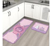 Juego de 2 tapetes de cocina con diseño de calabazas, diseño de flores de hongos otoñales, color violeta, cómodo, lavable, grueso, decoración para fregadero, lavandería, baño, entrada