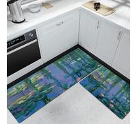 Juego de 2 tapetes de Cocina con Estanque Sauce Flor de Loto, Lavables Antideslizantes Alfombra de Pasillera de Estilo impresionista para Oficina Fregadero Lavandería 40x60cm+40x120 cm, Verde