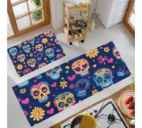 Juego de 2 tapetes de Cocina Día De Muertos Mexicano Antideslizantes y Lavables, Alfombras de Cocina Calavera De Azúcar Pintada Alfombra de Piso para Pasillo Entrada lavandería, 40x60cm+40x120cm