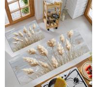 Juego De 2 Tapetes De Cocina Estampados Casa De Campo Con Juncos Plantas Con Vetas De Madera, Resistentes A Las Manchas, Absorbentes Rápido Antideslizantes Para Pasillos (Beige, 40X60+40X120Cm)
