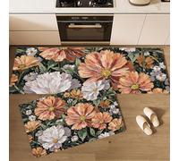 Juego De 2 Tapetes De Cocina Estampados Flor Cosmos Vintage Pintura Al Óleo Botánica, Resistentes A Las Manchas, Absorbentes Rápido Antideslizantes Para Pasillos (Verde Oscuro, 40X60+40X120Cm)