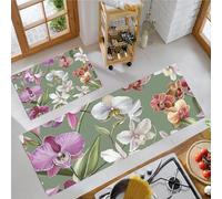 Juego De 2 Tapetes De Cocina Estampados Orquídea Leopardo Plantas Elegantes, Resistentes A Las Manchas, Absorbentes Rápido Antideslizantes para Pasillos (Verde Salvia, 44X75+44X120Cm)
