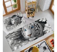 Juego De 2 Tapetes De Cocina Estampados Tigre Blanco Salvaje Espacio 3D Abstracto, Resistentes A Las Manchas, Absorbentes Rápido Antideslizantes para Pasillos (Gris Blanco, 43X75+43X150Cm)
