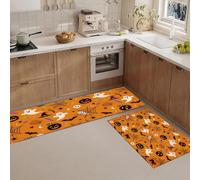 Juego de 2 tapetes de Cocina Fiesta Halloween Antideslizantes y Lavables, Alfombras de Cocina Calabaza, Fantasma, Sombrero Bruja Alfombra de Piso para Pasillo Entrada lavandería, 40x60cm+40x120cm