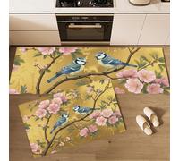 Juego De 2 Tapetes De Cocina Pintura Tradicional Flores Rosas Con Estampado De Pájaros ,Resistentes A Las Manchas, Absorbentes Rápido Antideslizantes Para Pasillos (Amarillo Claro, 40×60Cm+40×120Cm)