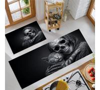 Juego de 2 tapetes de Cocina Realismo Contrastante Antideslizantes y Lavables, Alfombras de Cocina Calavera Sosteniendo Un Gato Alfombra de Piso para Pasillo Entrada lavandería, 40x60cm+40x120cm