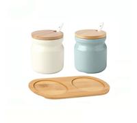 Juego de 2 tarros de especias de cerámica, recipiente para especias, azucarero con tapa de bambú, cuchara y bandeja, 300 ml, recipiente para especias, salero, almacenamiento de sal, especias y azúcar