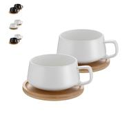 Juego de 2 tazas de café con plato, 300 ml, de gres, para té, café, capuchino, tazas de café con disco de madera, color blanco