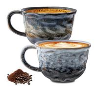 Juego de 2 tazas de café de cerámica, 260 ml, hechas a mano, de porcelana, diseño creativo, tazas de té de cerámica, regalo, para oficina y hogar (mármol gris + patrón de estrellas)