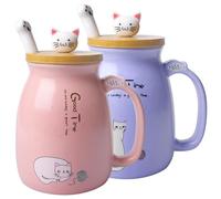 Juego de 2 tazas de café de cerámica con tapa kawaii y cuchara, juego de tazas de café con diseño de gato para amantes de los gatos y niñas (rosa + morado)