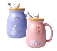 SUNOYA Juego de 2 Tazas de Café para Gatos, Bonita Taza de Gato para Café, Gato Taza de Cerámica, 380ml, con Tapa Y Bonita Cuchara de Gatito, para Mujeres Esposa Mamá Chica Amigo