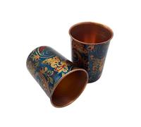 Juego de 2 tazas de cobre de alta calidad, 99,9% cobre puro, 250 ml, vasos Ayurveda para agua, hechos a mano en la India, vasos tradicionales de cobre (Meenakari Flower)