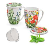 Juego de 2 tazas de té en blanco con flores - Linda taza de té con tapa y colador para 300 ml - tazas de té excepcionales aptas para lavavajillas y microondas como regalo