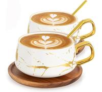 Juego de 2 tazas de té y platillo, juego de tazas de café expreso de porcelana, con platillo y cuchara, tazas de cerámica para el hogar, restaurantes, color blanco, 300 ml