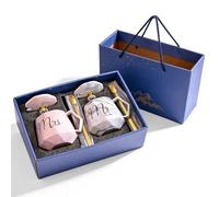Juego de 2 tazas Mr & Mrs, regalos de boda para recién casados con tapa y cuchara, 400 ml, regalos de aniversario de boda para el día de San Valentín, compromiso, recién casados, aniversarios, novios