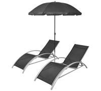 Juego de 2 tumbonas con sombrilla de aluminio negro | Bastidor de acero, base cruz, ajustable, textileno, uso exterior