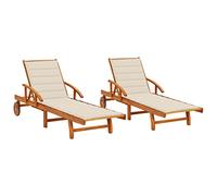 Juego de 2 Tumbonas de Exterior, Tumbonas Jardín Exterior con Estructura de Madera de Acacia Maciza, Ajustables, Plegables, con Ruedas y Cojines,Piscina, Camping,Blanco Crema, 199 x 67 x 30-85 cm