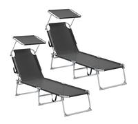 SONGMICS Tumbonas Plegables, 189 x 53 x 28,5 cm, Juego de 2 Tumbonas para Jardín, Cada Una con Carga 110 kg, con Parasol y Respaldo Ajustables, para Terraza y Balcón, Negro GCB294BZ02