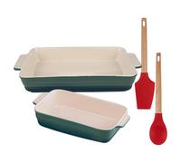 Juego de 2 Utensilios de cocina - Cuchara y espátula de silicona + 2 Fuentes de horno rectangulares en Gres color verde EXCALIBUR Bergner
