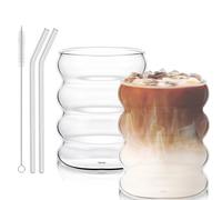 Juego de 2 vasos de café acanalados de 300 ml con pajitas de cristal, vasos ondulados para gastronomía, agua, zumo, cerveza, vasos universales
