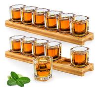 Juego de 2 vasos de chupito de madera y 12 vasos de chupito de 60 ml, organizador de mesa de servir y cristal transparente para bebidas de licor, whisky, brandy, vodka, ron en casa, bar, regalo