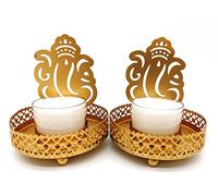 Juego de 2 velas de té tradicionales Diya de metal hindú de la suerte, Ganesha con 2 velas de té de 8 horas, espiritualidad, decoración de boda, regalo Diwali India
