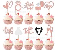 Juego de 20 adornos de purpurina para cupcakes con 10 diseños, Bride to Be, I Do, Love, Anillo de Diamante, Copa de champán, motivos para despedida de soltera, compromiso (oro rosa)