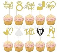 Juego de 20 adornos de purpurina para cupcakes con 10 diseños, Bride to Be, I Do, Love, Anillo de Diamante, Copa de champán, motivos para despedida de soltera, compromiso (dorado)
