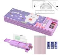 Juego de 20 artículos de papelería escolares con estuche multifunción emergente, gomas de borrar 4B, juego de reglas, lápices HB, juego de papelería esencial para estudiantes de regreso a la escuela