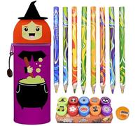 Juego de 20 artículos de papelería Surtidos , Estuche Escolar Kawaii 2 en 1 de Silicona Blanda, Diseño de Brujas Extensible con Forma Moldeada Portalápices de Mesa, 6 Gomas de borrar, 1 sacapuntas (K)