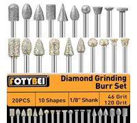 Juego de 20 brocas de diamante compatibles con herramientas giratorias Dremel, 20 formas de vástago de 1/8 pulgadas, grano 46/120, para pulir, moler, tallar en vidrio, cerámica, piedra (10 unidades