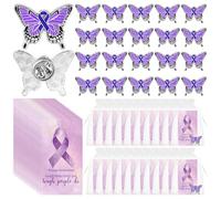 Juego de 20 broches de cinta de mariposa morados para concienciación sobre la violencia doméstica de Alzheimer, con tarjetas inspiradoras, bolsas de organza para eventos de caridad, reunión de