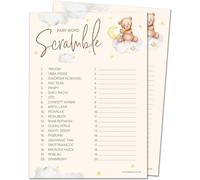 Juego de 20 palabras para baby shower, diseño unisex de oso de peluche neutro (20 tarjetas de invitados + 1 tarjeta de respuestas para el anfitrión)..