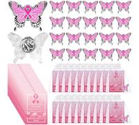 Juego de 20 pines de concientización sobre el cáncer de mama, a granel, cinta rosa, mariposa, esperanza, alfileres de solapa esmaltados y tarjetas de apoyo, bolsas de organza para mujeres, eventos de