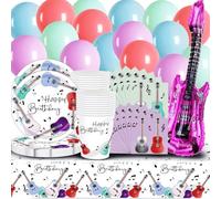 Juego de 20 porciones de 78 unidades, estilo INS, con globo, plato grande de 9 pulgadas, vasos, servilletas, manteles grandes, guitarras decorativas, vajilla de fiesta, música, decoración de mesa